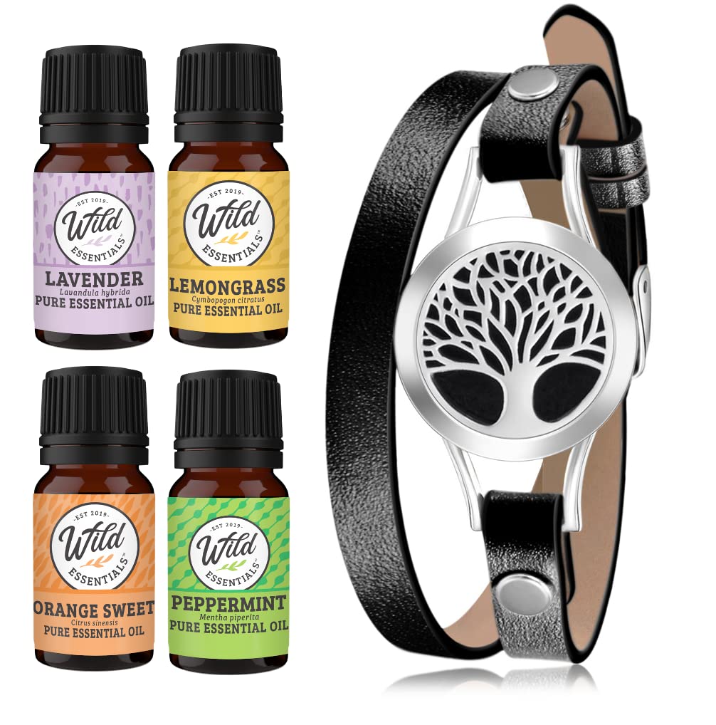 Wild Essentials Tree of Life Essential Oil Leather Wrap Bracelet Diffuser Kit, Gift Set, Lavender, Lemongrass, Peppermint, Orange Oils, 12 Pads, Customizable Color Changing Perfume Jewelry, Black