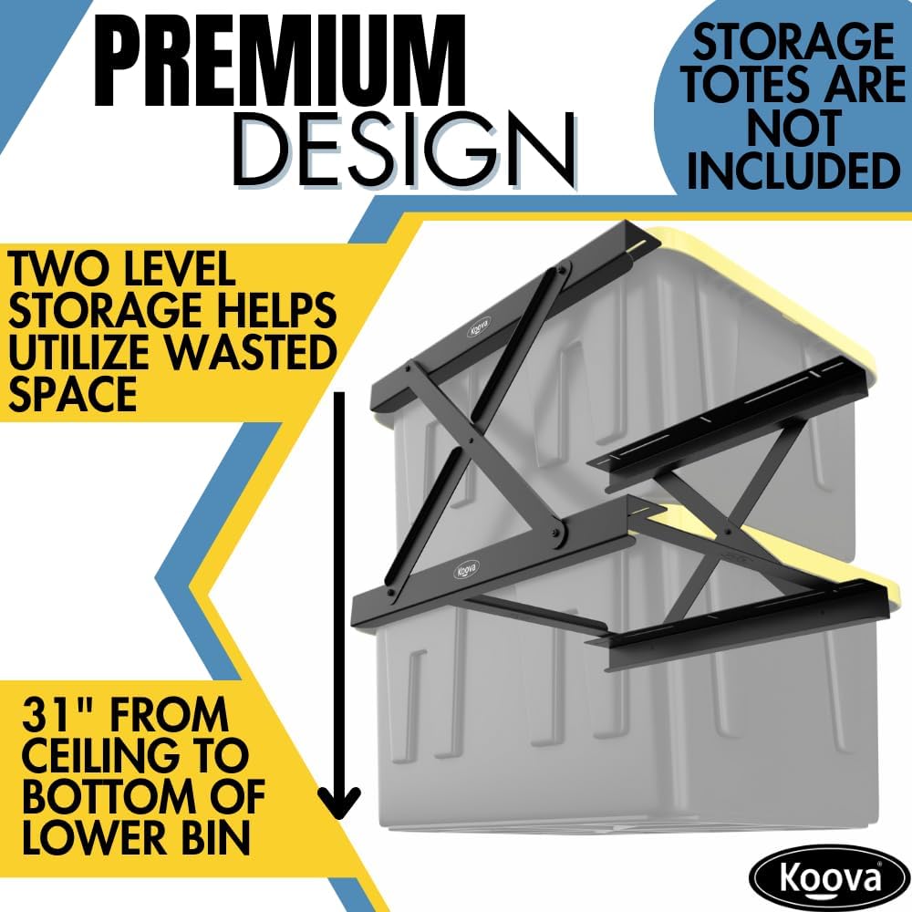 Koova Dual Rail Heavy Duty Overhead Garage Storage System - Stacking Overhead Storage Rails, Made in USA, Easy Installation, Hardware Included, Tote Bin Storage Solution