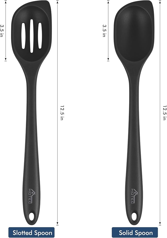 HOTEC Heat Resistant Silicone Cooking Spoon Spatula, Large Kitchen Solid and Slotted Spoons for Mixing, Serving, Scraping, Non-stick, Dishwasher Safe Black 12.5inch