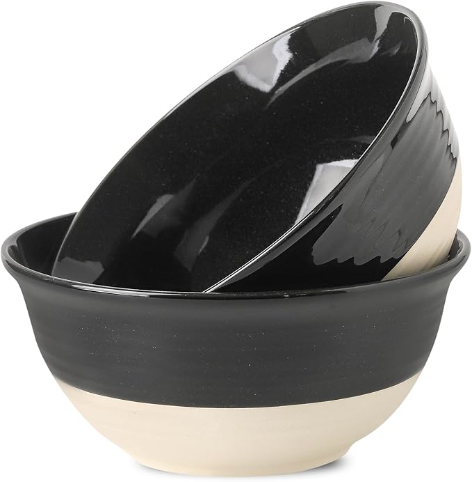 HASENSE Large Ceramic Serving Bowls Set of 2, 84 Oz 9 Inch Black & Beige Stoneware Mixing Bowls, Farmhouse Bowls for Salad, Soup, Popcorn & Baking, Dishwasher & Microwave Safe