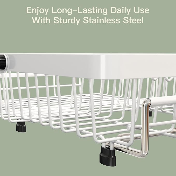 MAJALiS Dish Drying Rack Over The Sink, Expandable Stainless Steel Dish Drainer for Small Kitchen Counter Space Saving, RV Compact Plate Strainer in White Metal with Hanging Adjustable Utensil Holder