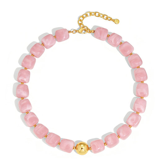 WOWORAMA Pink Chunky Beaded Necklaces for Women Cute Pink Square Acrylic Beads Necklace Trendy Statement Chunky Choker Necklaces Boho Summer Jewelry