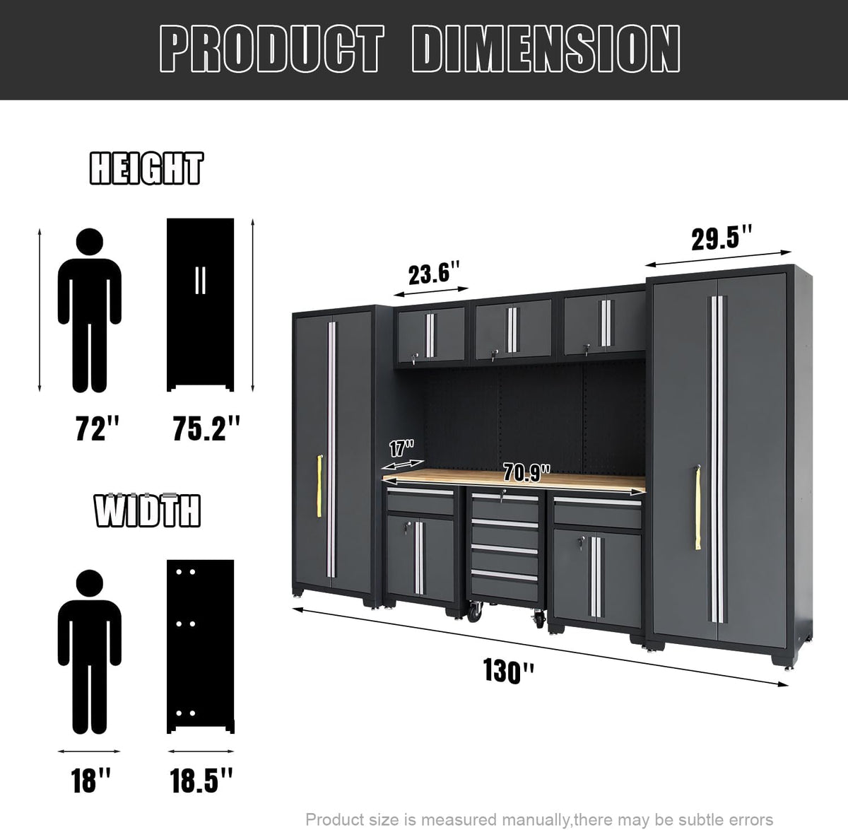 Garage Storage Cabinet System 9-Pcs Workshop Set Garage Cabinets and Storage System with Steel Cabinet Drawers, Rolling Chest, Workbench, Pegboard for Garage Tool Organization, Black and Grey