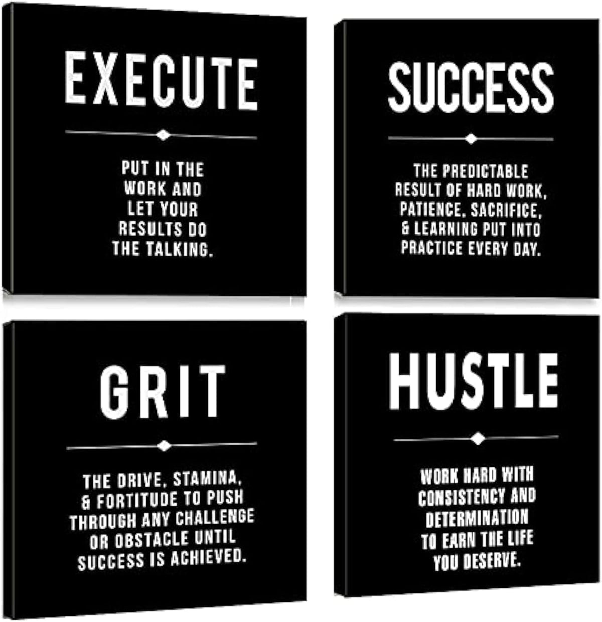 Motivational Grit Success Execute Success Quotes Canvas Wall Art -Inspirational Office Wall Art Poster Quotes - Canvas Artwork Picture Print Framed for Home Bedroom Office Wall Decor-16 x16 x4pcs