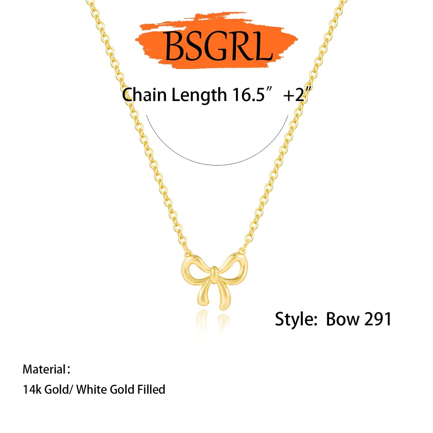 BSGRL Gold Necklace for Women- 14K Gold Plated Dainty Bow Necklace Cute 16.5"+2"