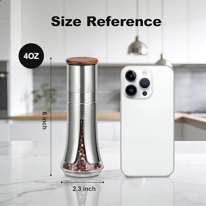 Aelga Pepper Mill - 4oz Stainless Steel Pepper Grinder Manual with 5-Level Adjustable Coarseness, Wood Lid, Silicone Funnel