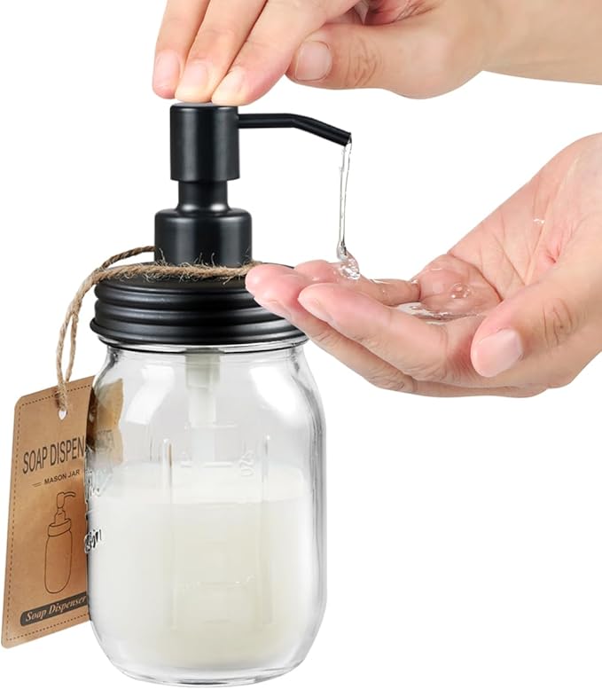 Amolliar 4 Pack Mason Jar Liquid Soap Dispensers, Rustproof Stainless Steel Lid Pump, Waterproof Sticker, Refillable Hand Soap for Bathroom, Kitchen, Dish Soap, Lotion Soap, Farmhouse Decor(Black)