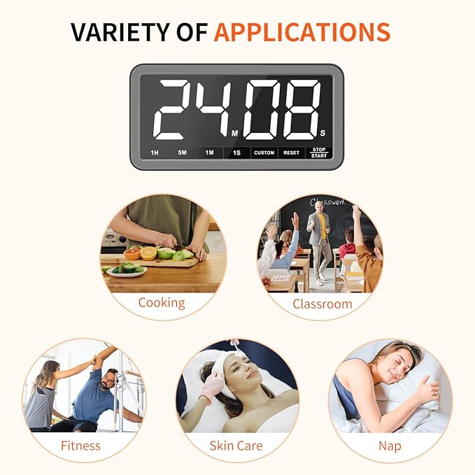 VOCOO Digital Kitchen Timer with 7.8” Extra Large Display, Magnetic LED with 3 Brightness, 4 Alarms and 3 Volume Levels, Battery Powered Countdown Count Up Timer for Cooking, Classroom, Home Gym