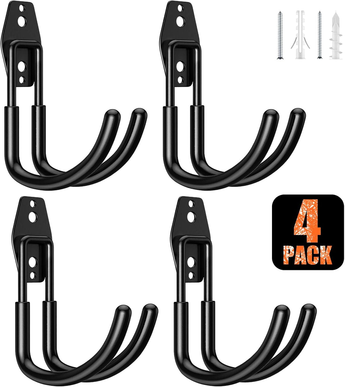 4 Pack 5.5x4.1 inch J Heavy Duty Garage Hooks,Solid Steel Wall Mount Hangers,with Anti-Slip Coating,for Hanging and Organising Ladder,Bike,Ropes,Broom,Garden,Yard and Power Tools