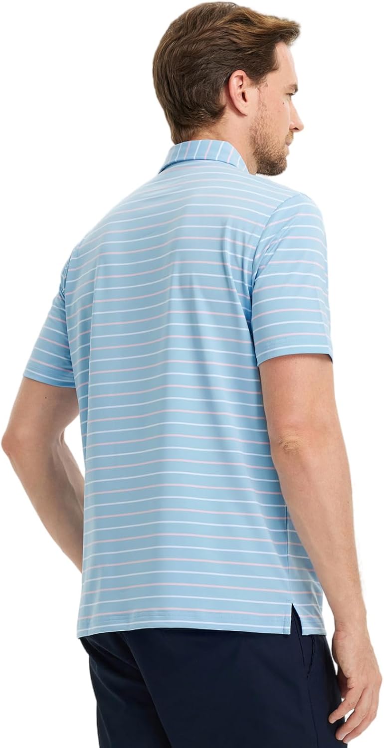 Rouen Mens Golf Shirt Moisture Wicking Dry Fit Performance Stripe Casual Collared Short Sleeve Golf Polo Shirts for Men