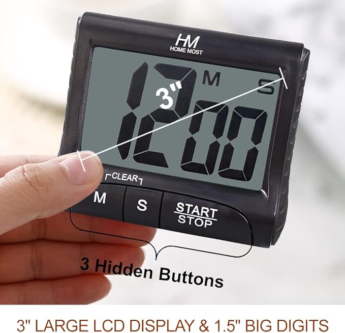2-Pack Large Display Kitchen Timer - 3" Digital Timer Magnetic Back Loud Alarm - Black Cooking Timers for Kitchen Teachers Students Games Meetings - Sports Timers for Workouts Exercise