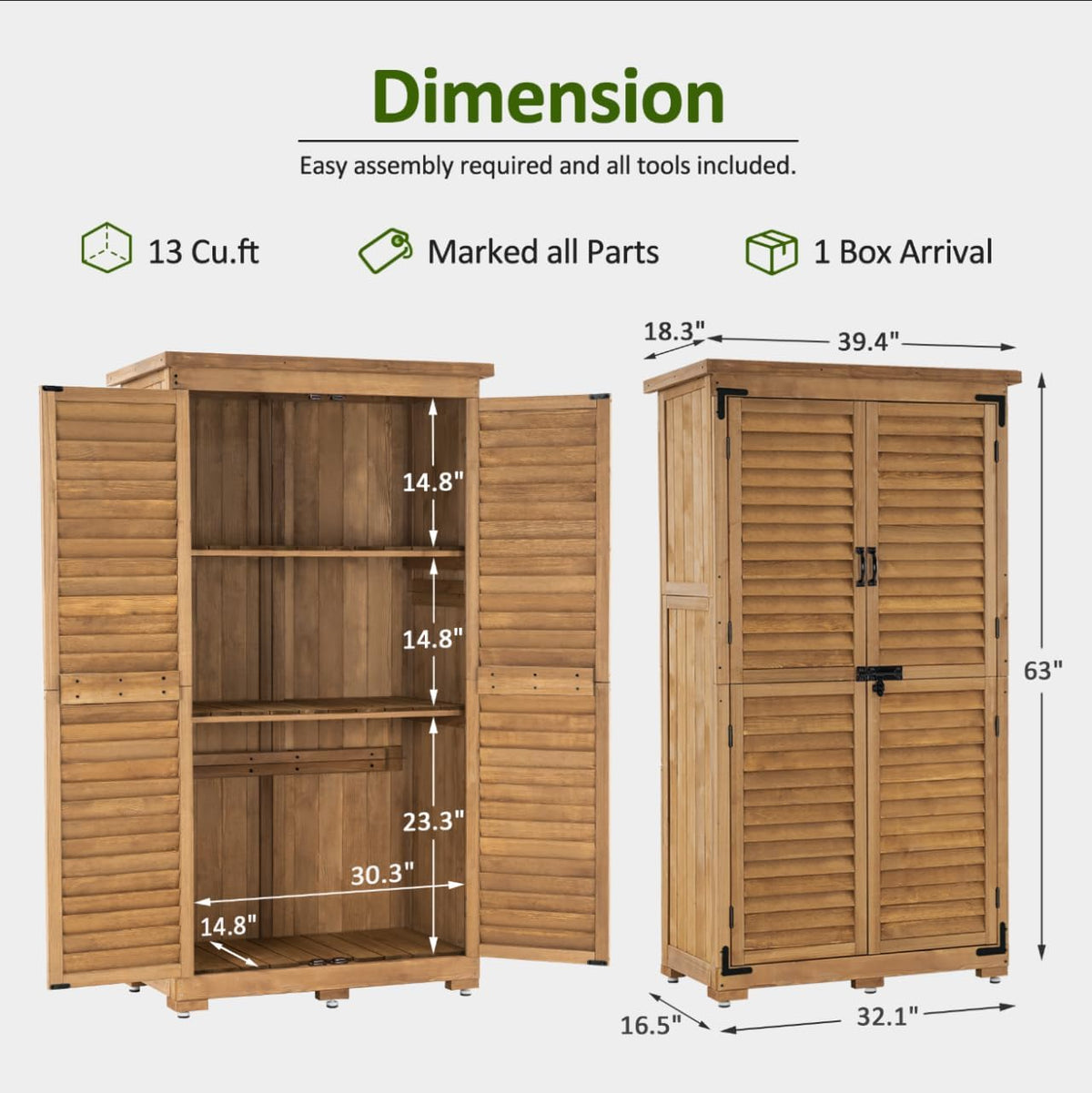 MCombo Outdoor Storage Cabinet, Garden Storage Shed, Outside Vertical Shed with Lockers, Outdoor 63 Inches Wood Tall Cabinet for Yard and Patio 0870 (Natural)