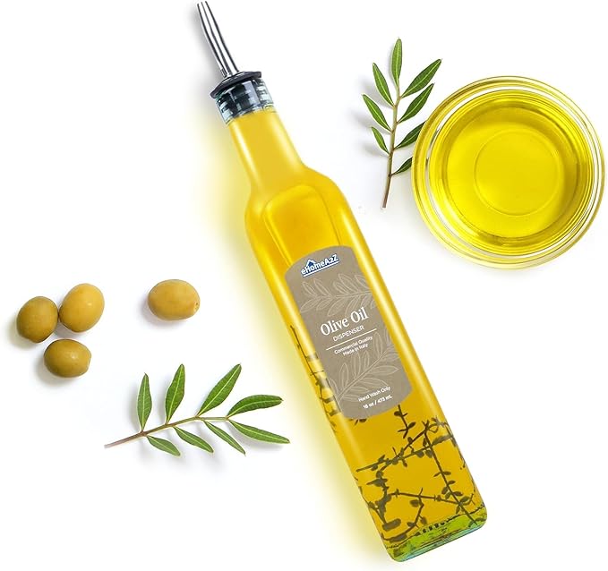 EHOMEA2Z Olive Oil Dispenser Bottle - 16 oz, Made in Italy Glass Olive Oil and Vinegar Cruet with Stainless Steel Spout for Kitchen, Slight Green Tint (2, 473 ml)