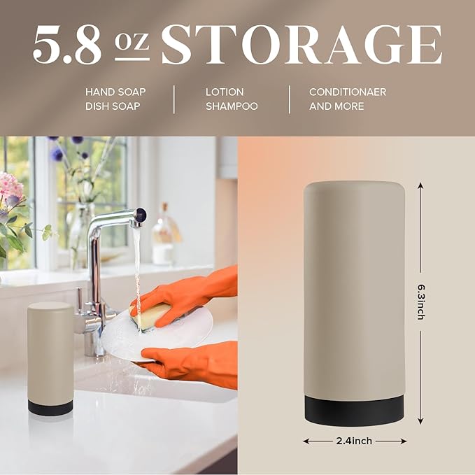 ElmRidge Dish Soap Silicone Dispenser for Kitchen Sink,Squeeze Washing Up Liquid and Hand Soap,Round refillable Silicone Bottles,Easy to Fill and to use, 8.5 oz,Black 2.4 x 2.4 x 5.5 inches (Taupe)