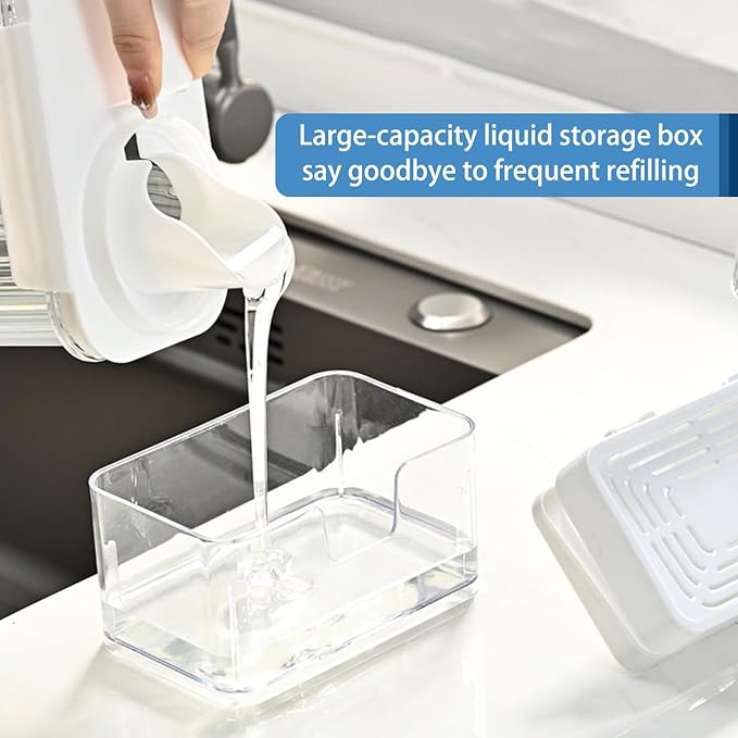 Dish Soap Dispenser for Kitchen Sink,2 in 1 Premium Sponge Holder, Dishwashing Soap Pump Dispenser for Countertop (White)