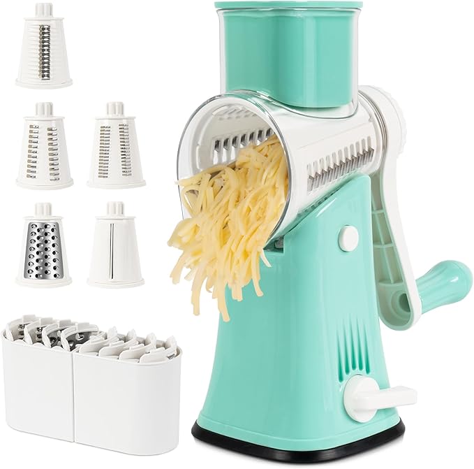 X Home 5-in-1 Rotary Cheese Grater for Kitchen, Upgraded Hand Crank Shredder with Stronger Suction Base & Multifunctional Drum Blades, for Cheese, Vegetables and Nuts, Easy to Use and Clean, Blue