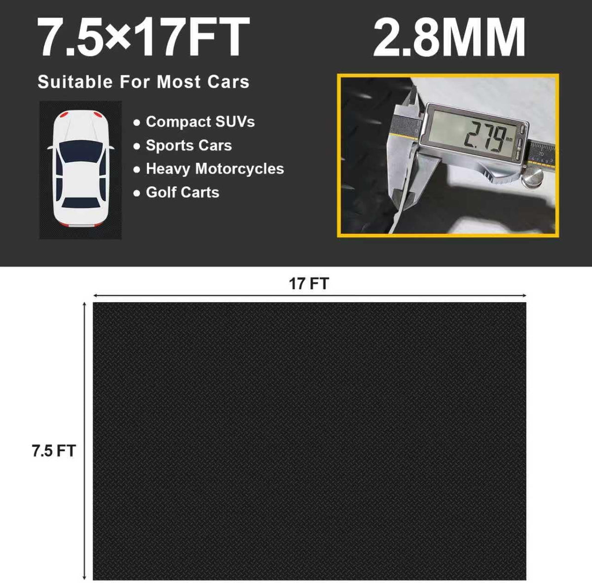 Garage Floor Mat 2.8mm Thickness PVC Garage Flooring Roll Diamond Plate Floor Mats for Garage, Workshop, Gym, Golf Cart Parking or Trailers (Black, 7.5 x 17 FT)