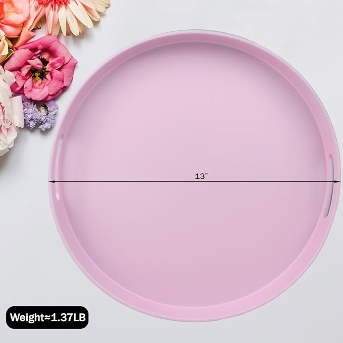 Round Pink Decorative Serving Tray with Handles, 13” Versatile Ottoman Tray for Coffee Table, Entertaining, Outdoor Patio, Living Room