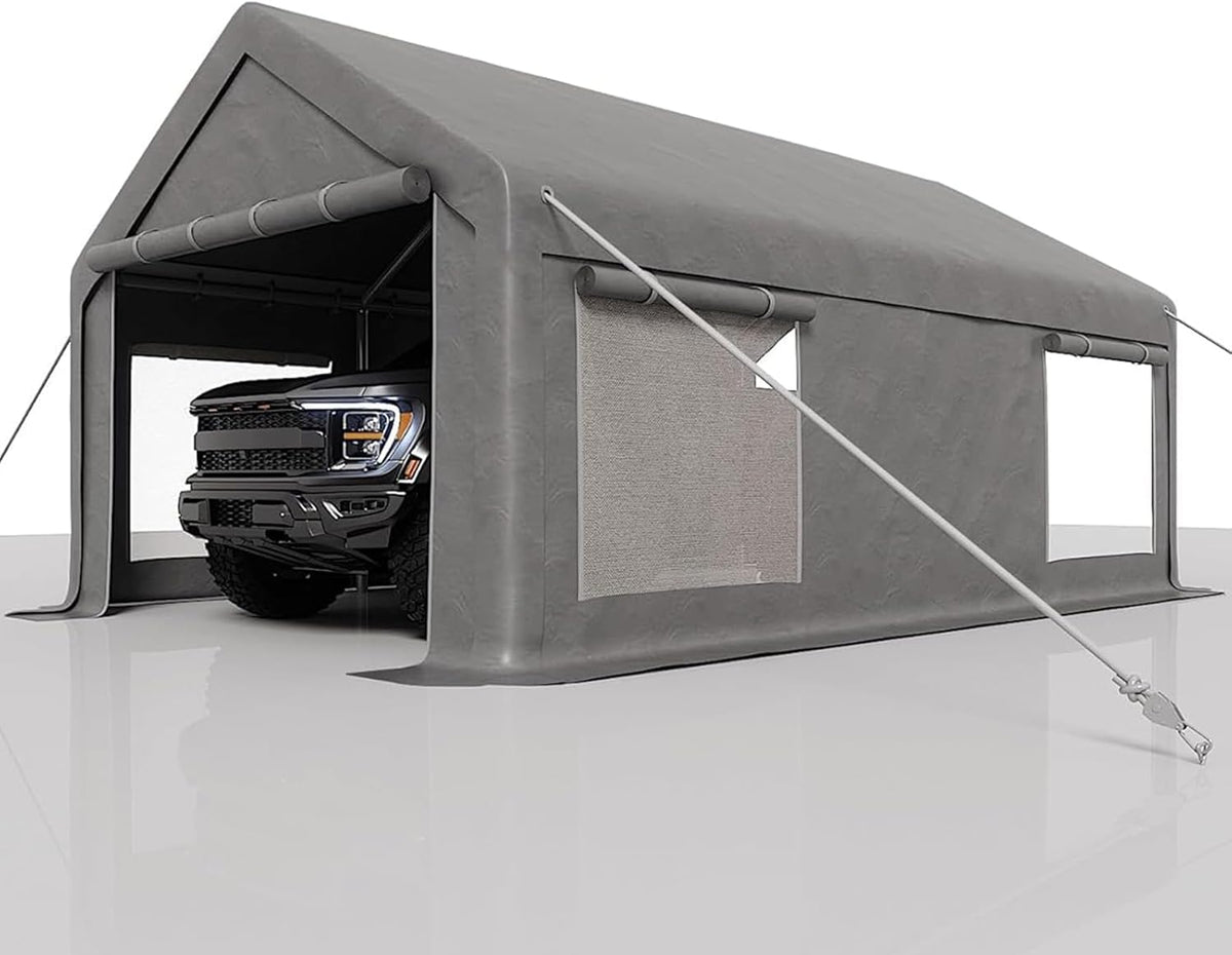 13 x 20FT Heavy Duty Carport with Roll-Up Windows, Portable Garage with Removable Sidewalls & Doors, Portable Car Tent Garage with Roll-Up Windows and All-Season Tarp, for Car, Truck,