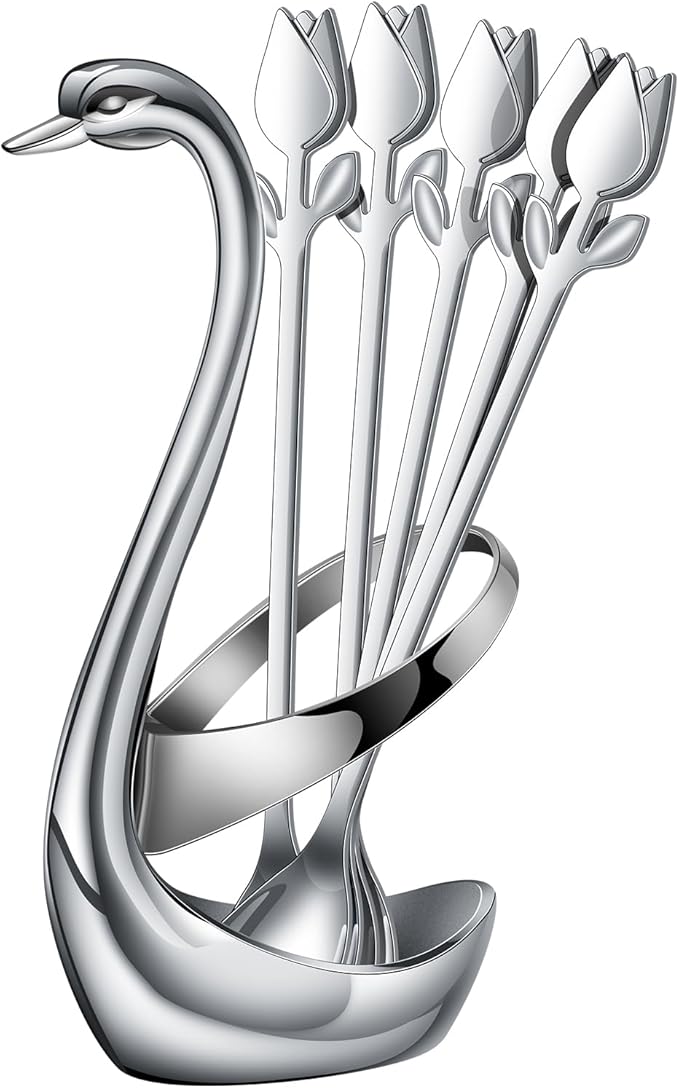 Silver Small Coffee Spoon Holder Set,Swan Base With 12 Pcs Demitasse Espresso Spoons Set,6" Mini Tulip/Rose Dessert Spoon,Stainless Steel Tea Spoons