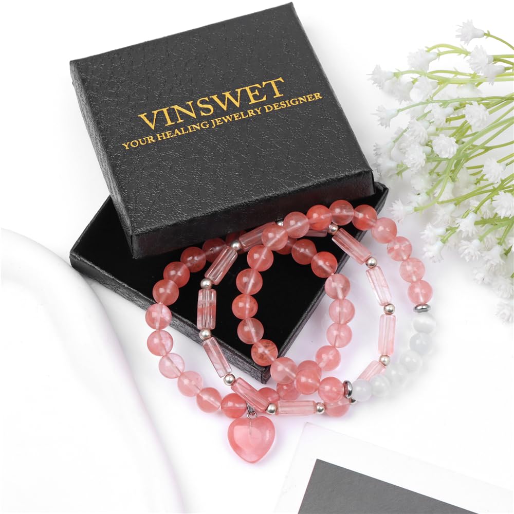 Vinswet Healing Crystal Beaded Bracelets for Women,Natural Watermelon crystal Moonstone Gemstones Bracelet,Anxiety Stress Relief Heart Charm Bracelet Handmade Red Jewelry Gifts for Women (3pcs)