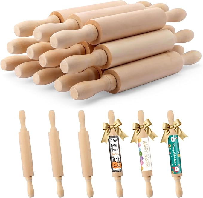 BILLIOTEAM 12 Pack 8 Inch Mini Wood Rolling Pin,Small Wooden Rollers for Art and Crafting,Baking,Cookie Dough,Cooking,Clay,Play Doh