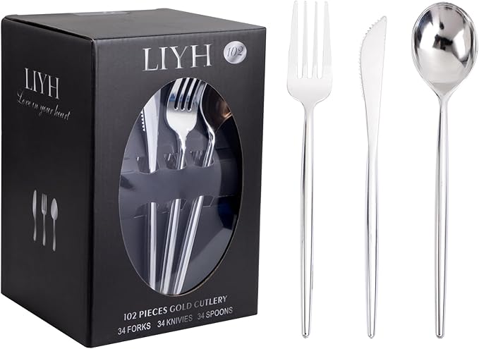 LIYH 102 Pcs Silver Plastic Silverware - Heavyduty Plastic Cutlery Set Disposable Utensils Flatware Set Knives Forks Spoons Disposable Cutlery