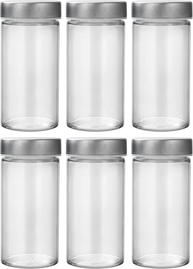 Tianifa 6 Pcs Glass Spice Jars/Bottles for Rotating Spice Rack-3oz Empty round Spice Containers with Airtight Metal Caps with Shaker Lids (6, Stainless Steel Lids)