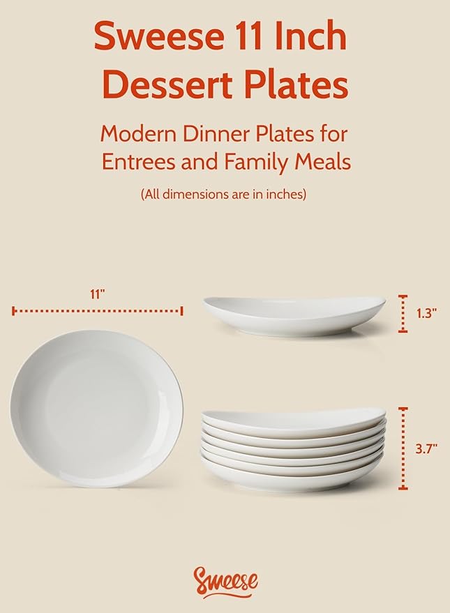 Sweese Porcelain 11 Inch Dinner Plates Set of 6 - White Dinner Plates - Dishwasher, Microwave, Oven Safe, Scratch Resistant