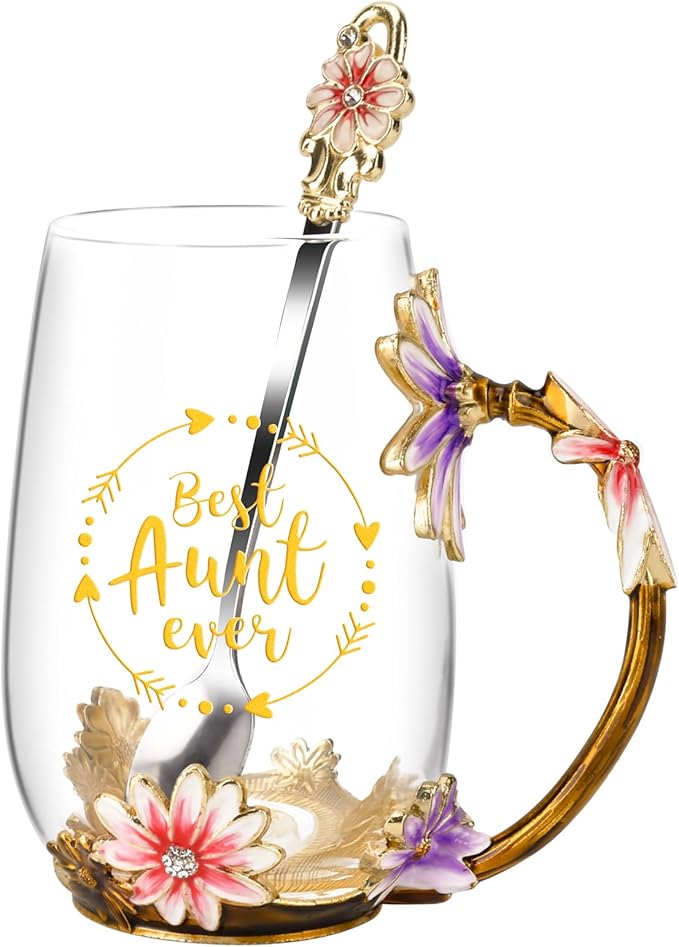 OEAGO Gifts for Aunt from Niece Nephew Tea Cup Cool Birthday Gift Enamel Flower Glass Mugs Christmas Mothers Day New Aunt Announcement Promoted