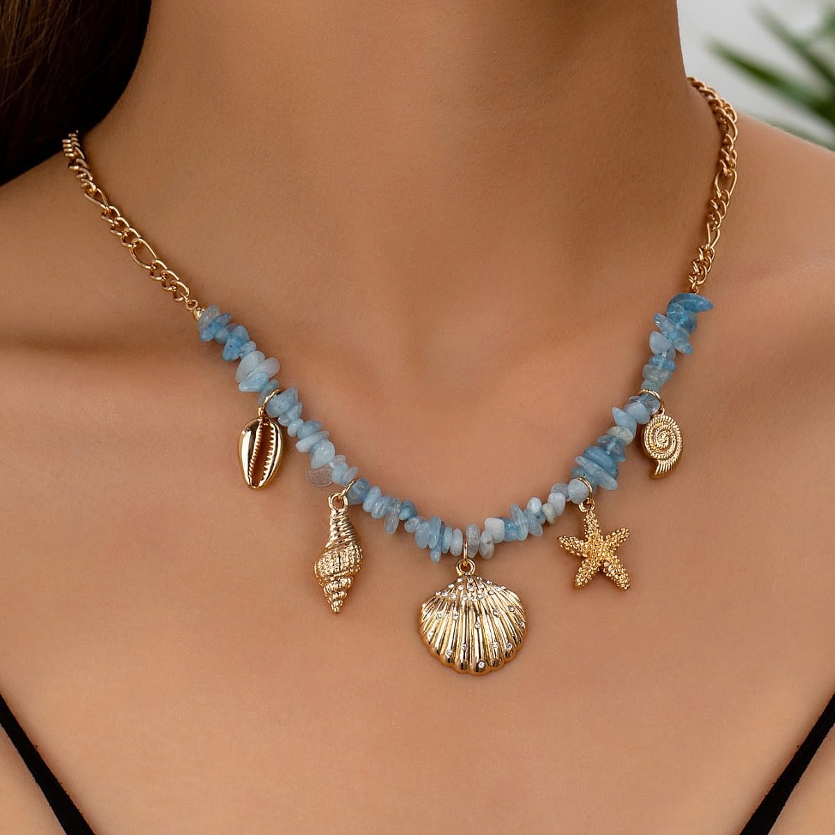 MERGEWORLD Dainty Gold Sea shell Necklace For Women – Ocean Charm Jewelry for Women, Delicate Starfish Beach Necklace with Sea Blue Natural Stone, Elegant Beach Gifts & Everyday Gold Chain