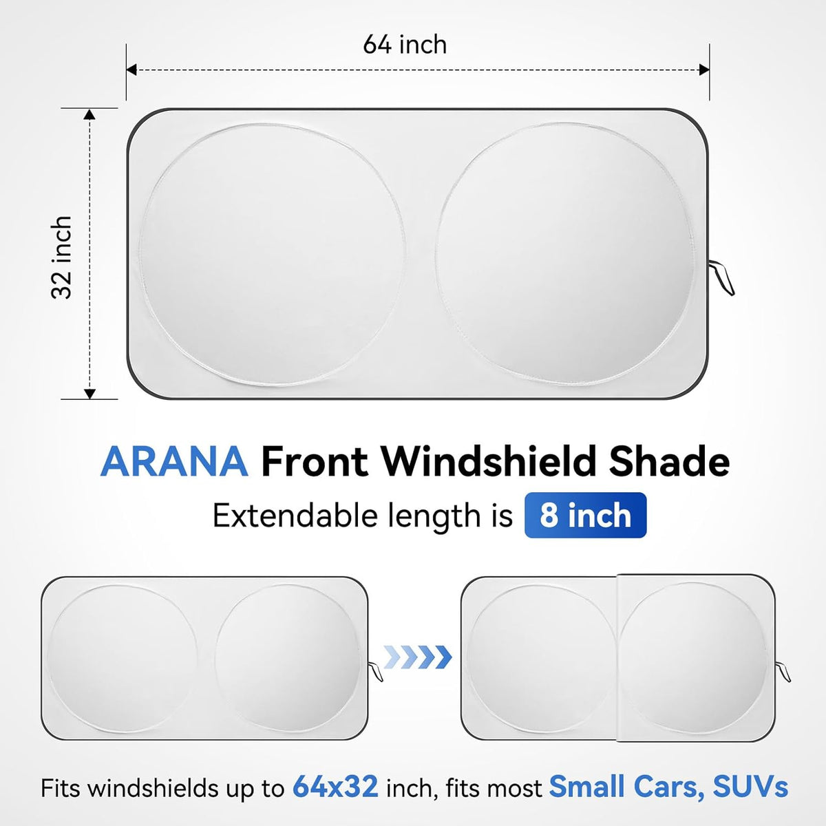 ARANA Car Windshield Sun Shade丨240T Thickened UV Blocking Automotive Sunshades丨2025 Upgrade Heat & Light-Proof Sun Visor Keeps Car Cool丨Universal Fit Sedan/SUV/Truck/Van (64"x32")