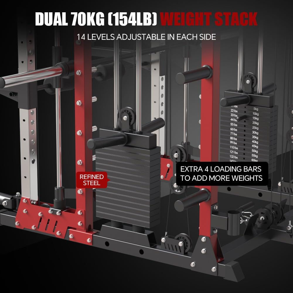FAGUS Commercial Smithe Machine with 308lb Dual Weight Stacks, 4000LBS Power Cage Squat Rack with Lever Arm & Leg Press, Multi-Function Linear Bearing Cable Crossover Machine for Home Gym