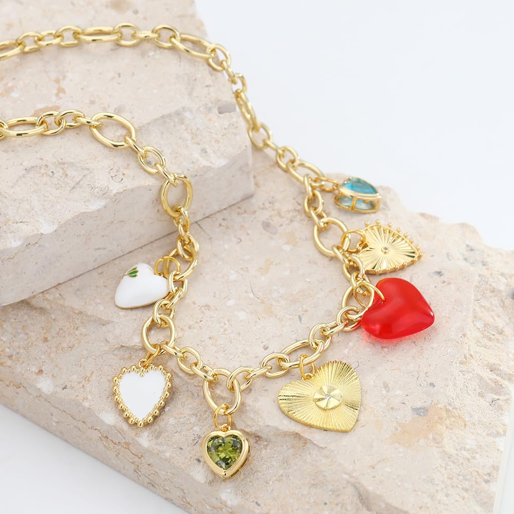 BONJOULRY Gold Heart Necklaces For Women With Different Charms Gold Charm Sun Red Heart Necklace Coin Charms DIY Choker Necklace Fashion Jewelry Gift