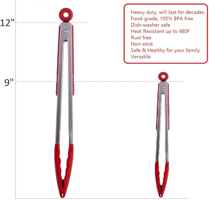 Kitchen Tongs Set of 2 – 9 inch & 12 inch – Stainless Steel Food Tongs with Silicone Tips – Premium Locking Non-stick Tongs for Cooking, BBQ, Grilling, Salad - Heavy Duty, BPA Free(Red)
