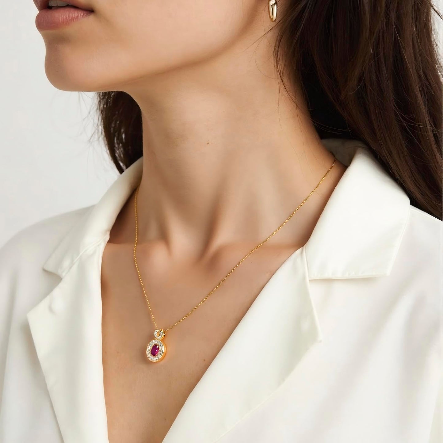 Tessalyn Ruby Necklaces for Women, 18K Gold Plated Round Faux Diamond Halo Pendant Necklace, Cubic Zirconia Halo Necklace