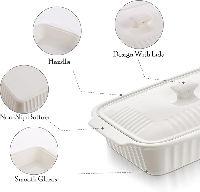 Large Baking Dish with Lid,5.5 Quart Lasagna Pan with Lid, 13.5x9 inch Ceramic Casserole Dish with Lid, Microwave, Dishwasher Safe, White