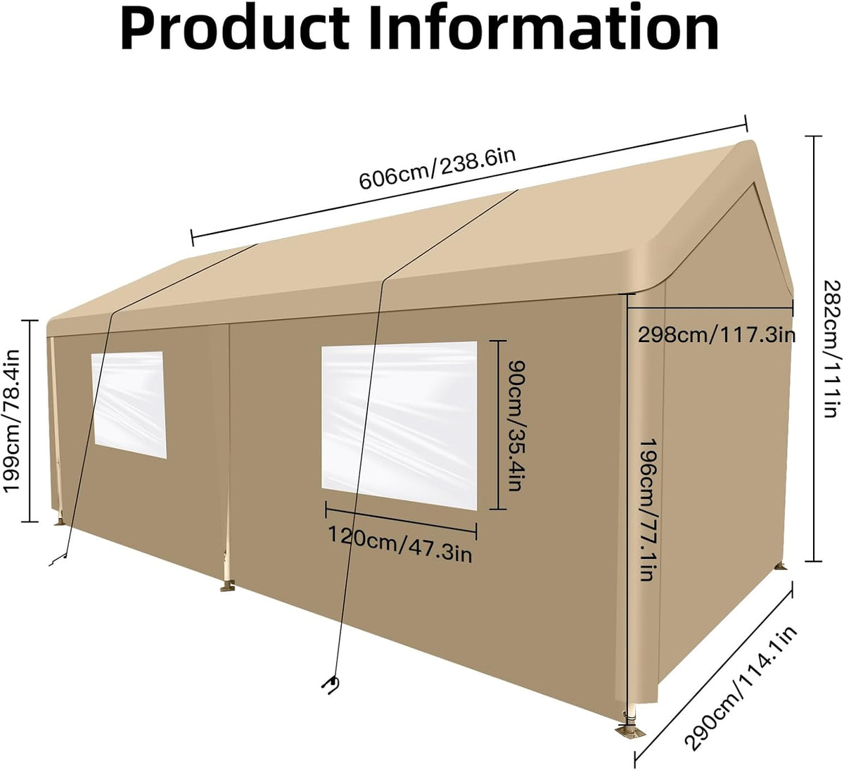 Car Canopy Portable Garage Duty Carport with Roll-up Windows,Portable Garage with Removable Sidewalls & Doors, Car Canopy with All-Season Tarp for Car Boat Truck Motorcycle 10FT×20FT (Khaki)