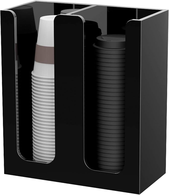 Richboom Acrylic Coffee Cup and Lid Storage Organizer Holder, 2 Compartments, Black