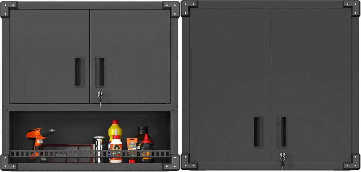 Metal Tool Cabinet,Garage Storage Cabinet System,Wall Cabinet & Locking Rolling Tool Cabinet with Doors and Adjustable Shelves,Steel Tool Cabinets for Home,Office (2 Pcs-StyleA, Black)