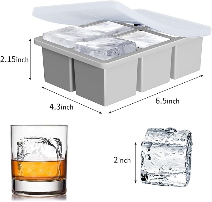 Large Ice Cube Tray for Whiskey: FDDBI Big Square Ice Cube Maker for Cocktail - 3Pack Silicone Old Fashioned Ice Cube Trays - 2inch Huge Cubed Ice Trays for Whisky