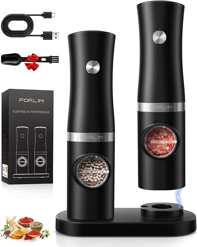 FORLIM Rechargeable Electric Salt and Pepper Grinder Set with Charging Base, Automatic Pepper Mill, Adjustable Coarseness, White LED Light, USB Type-C Cable, One Hand Operation, 2 Mills