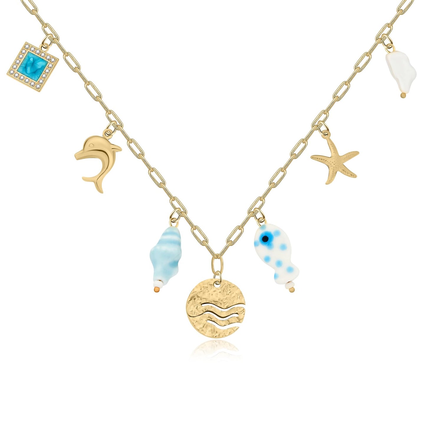 Chunky Gold Necklace Statement Boho Beach Ocean Summer Stainless Steel Jewelry Shell Starfish Turquoise Dolphin Pearl Sun Flower Wave Heart Fish Charm Choker Necklaces for Women(Wave)
