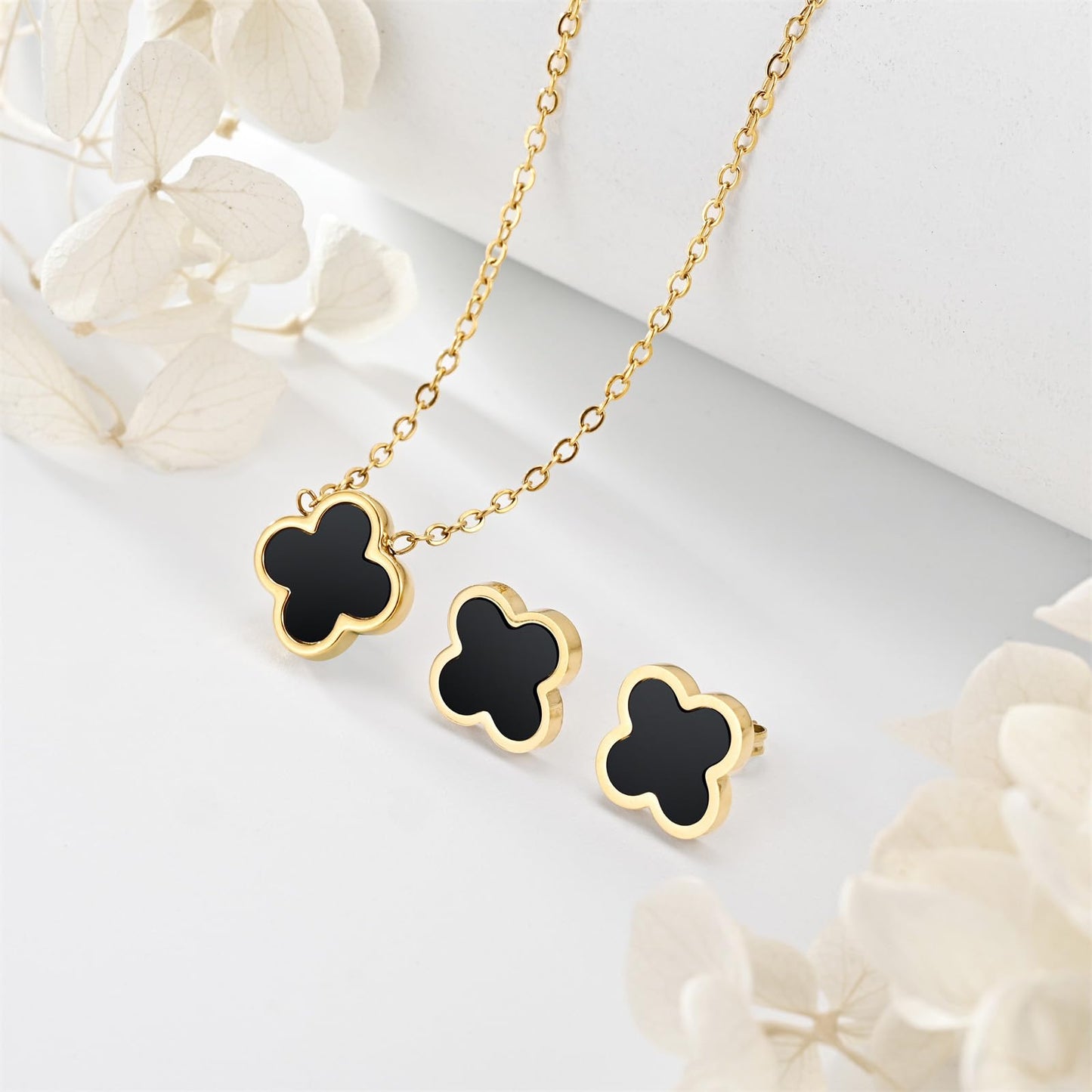 KYJAC Clover Jewelry Set - 18k Gold Plated Pendant Necklace and Stud Earrings - White, Black, Red Four Leaf Clover Design - Gifts for Women (Gold Black Set)