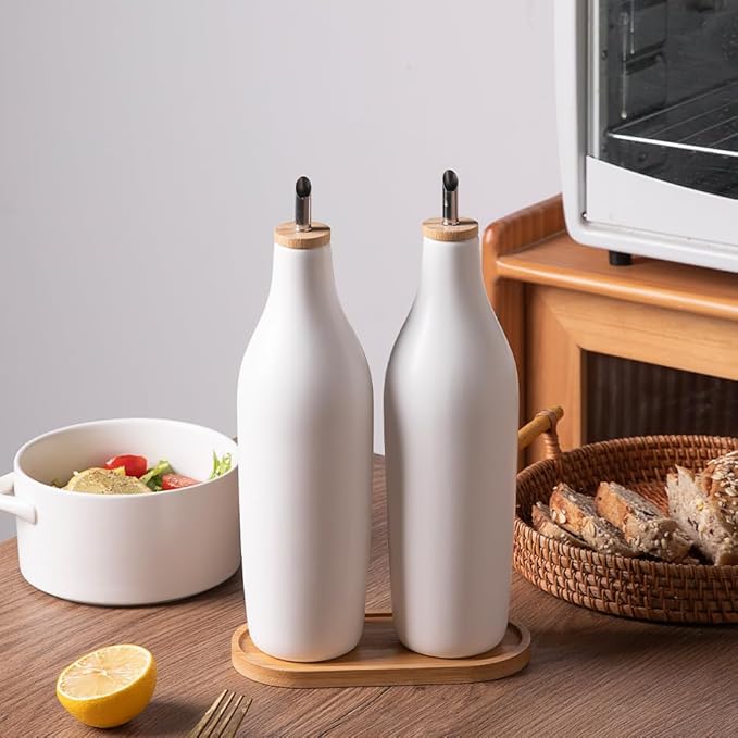 Sweejar Matte Ceramic Olive Oil Dispenser Bottles with Bamboo Tray, 17 Oz Oil Dispenser Set for Kitchen Counter, Opaque Oil Cruet for Cooking, EVOO, Vinegar, Avocado Oil, Pack of 2 (White & Tray)