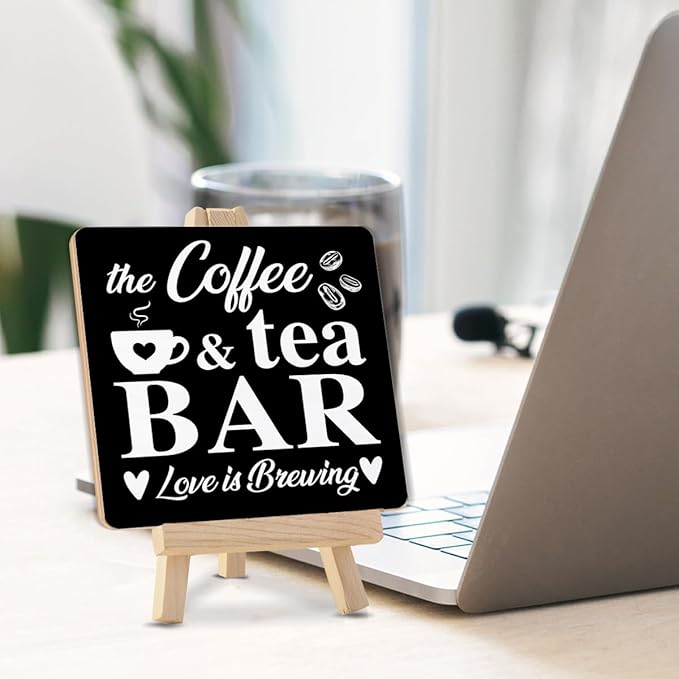 Coffee Bar Decor, Coffee Tea Bar Wood Sign with Easel Home Kitchen Desk Shelf Table Tabletop Decor