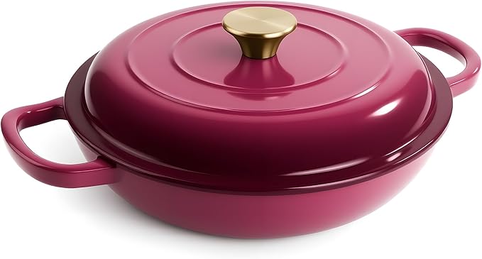 Vintage Style 3 Quart Enameled Cast Iron Braiser, Non Stick Enameled Cast Iron Skillet with Lid, Dutch Oven Skillet with lid up to 500°F for Oven, Stove, Grill, Shallow Dutch Oven for Cook, Bake (Rose)