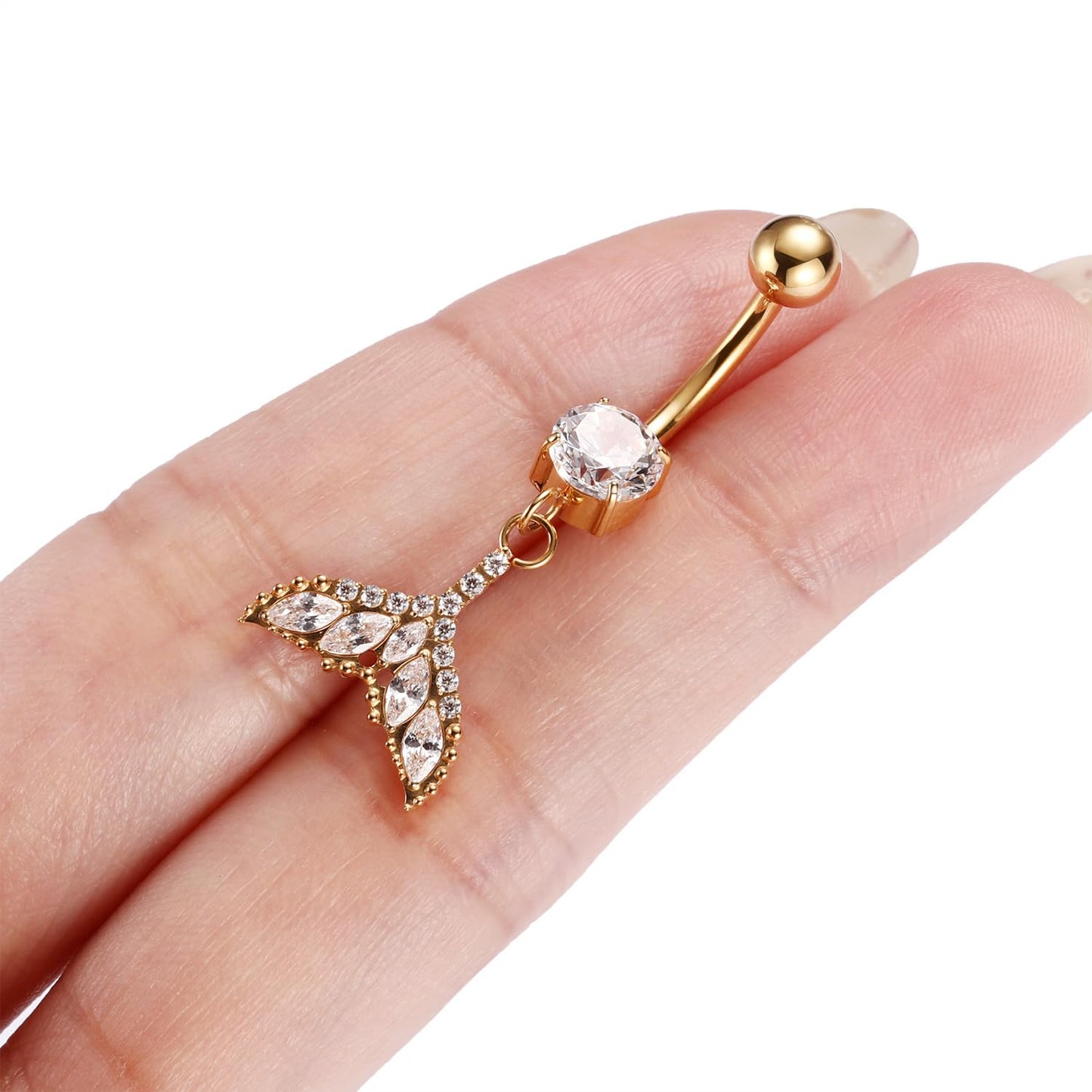 PEAKLINK Dangle Belly Jewelry 14G Internally Threaded Navel Piercing Gold Belly Button Ring 10mm for Women Titanium Curved Barbell with Fishtail CZ Navel Belly Bars
