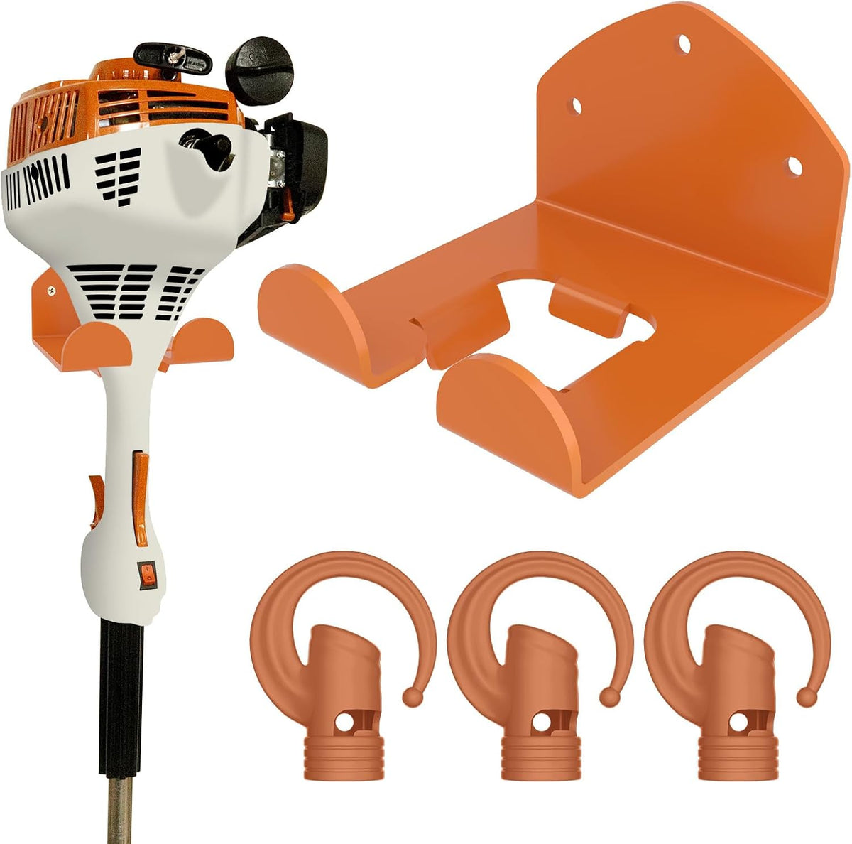 3 Pack Heavy Duty Garage Storage Hooks + 1 Pack Trimmer Rack Compatible with Stihl Kombi Attachments, Garden Power Tool Holder Organizer Hangers for Grass Trimmer, Hedge Trimmer, Garage Wall