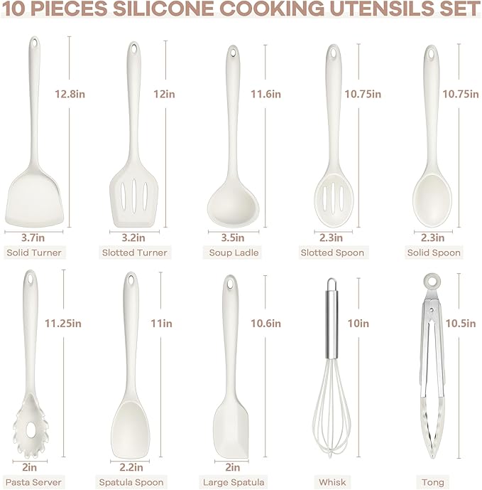 TeamFar Kitchen Cooking Utensils, 10 pcs Silicone Cooking Utensils Set, 446°F Heat Resistant Kitchen Gadgets Tools Set w/Spatula, Turners, Spoons, Soup Ladle, Pasta Server for Nonstick Cookware, White